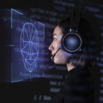 female programmer scanning her face with biometric security technology virtual screen digital remix