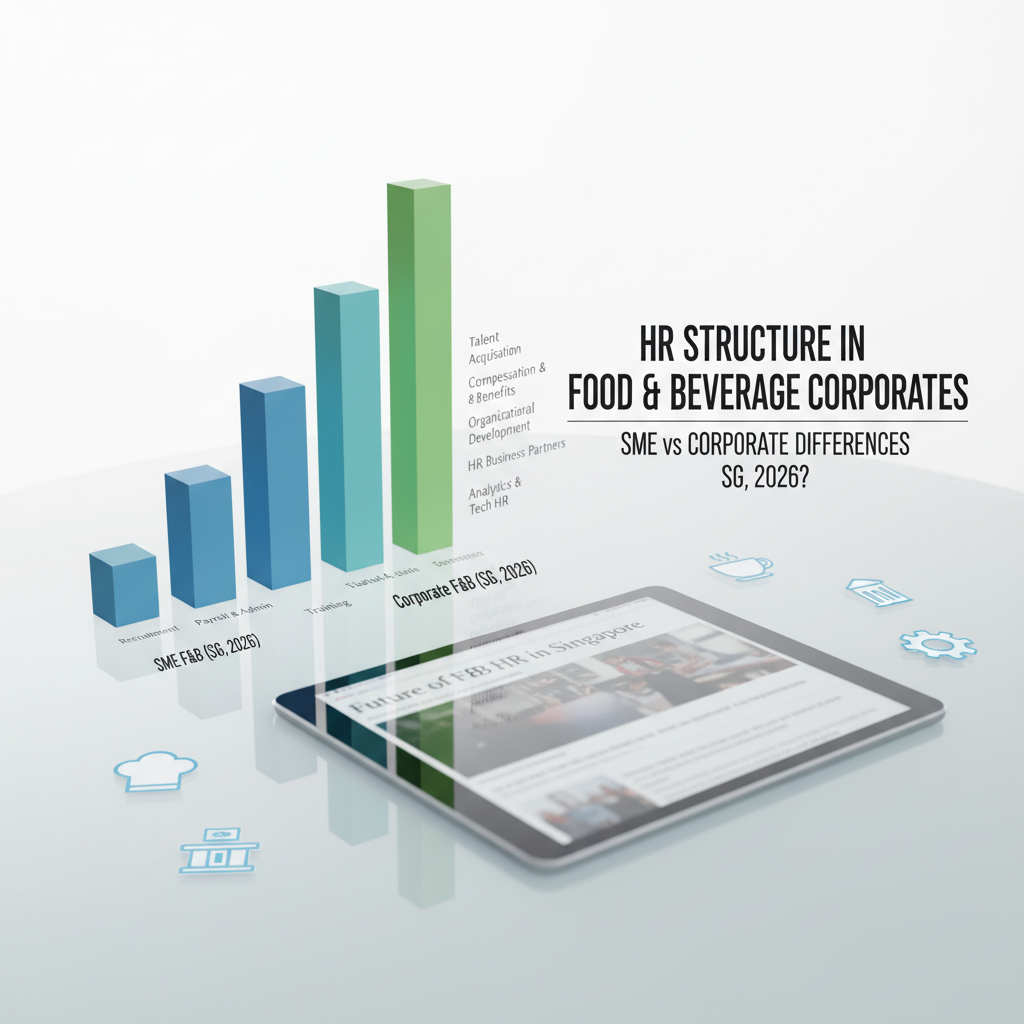 HR structure in large Food & Beverage corporations in Singapore, illustrating specialized departments like talent acquisition, learning & development, and compensation & benefits.