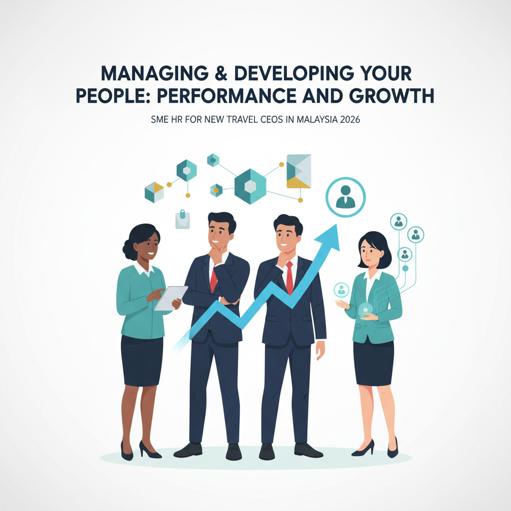 Employees in a collaborative meeting, symbolizing team development and performance growth in a travel SME.