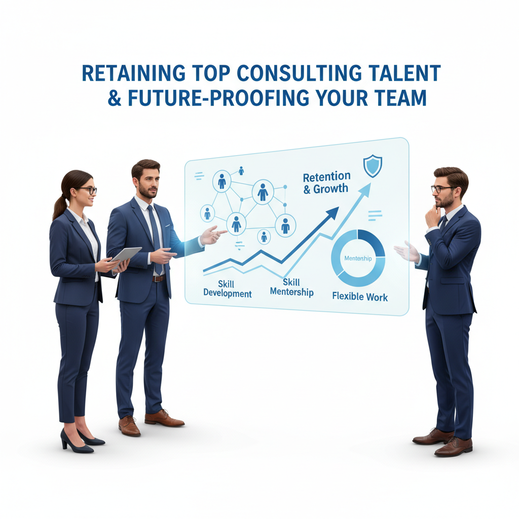 Consultants collaborating on a complex business problem, symbolizing teamwork and problem-solving