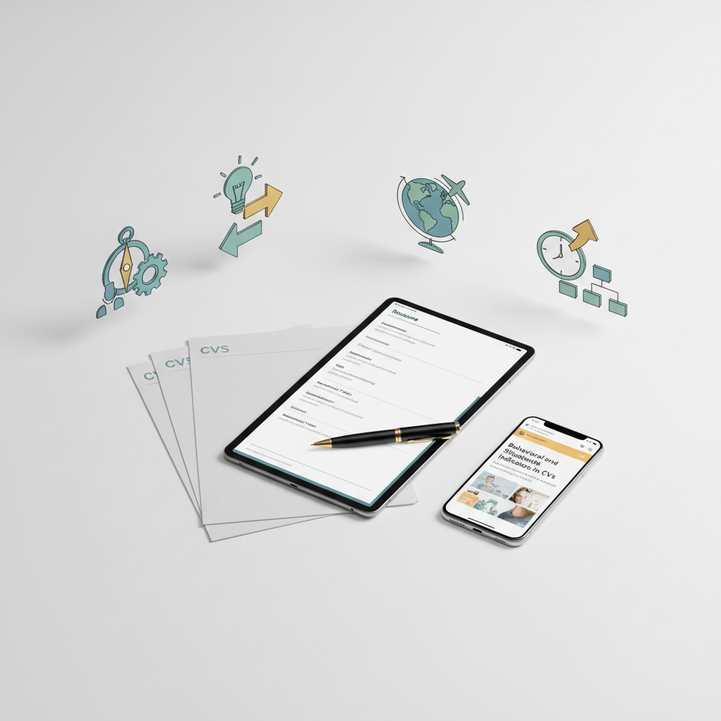 Illustrative image of a professional reviewing a CV on a tablet, with graphs and analytical symbols floating around, representing data extraction and behavioral analysis.