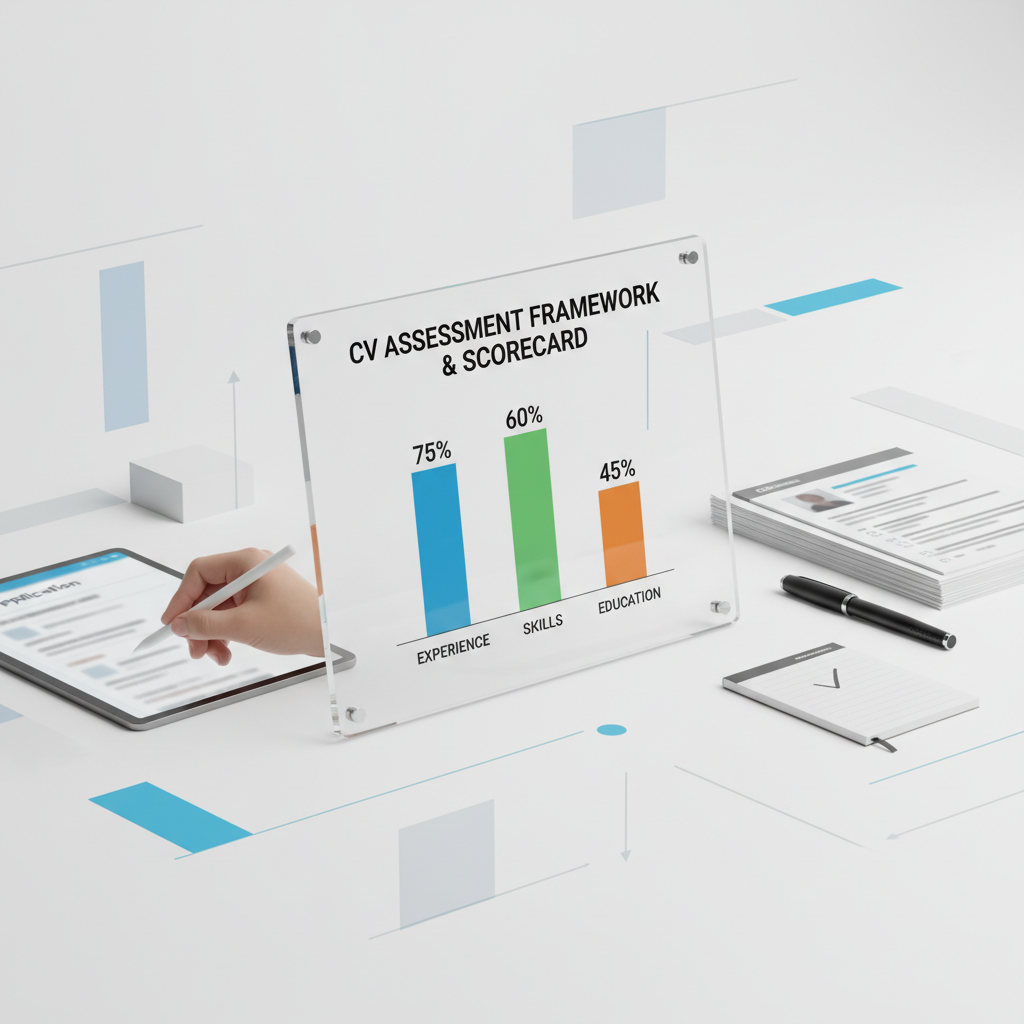 A professional graphic representing a structured CV assessment process, possibly showing a scorecard or framework elements.
