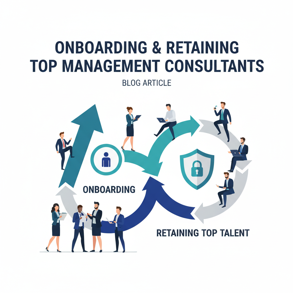 A diverse team of professional management consultants collaborating in a modern office setting, discussing strategies on a digital board