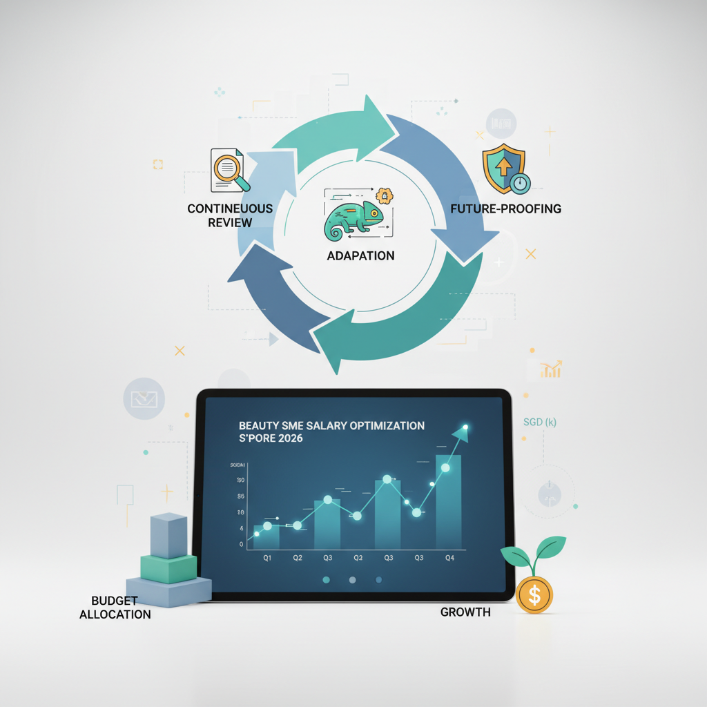 An infographic depicting a dynamic, evolving budget chart with arrows indicating continuous review and adaptation, set against a backdrop of Singapore's urban skyline