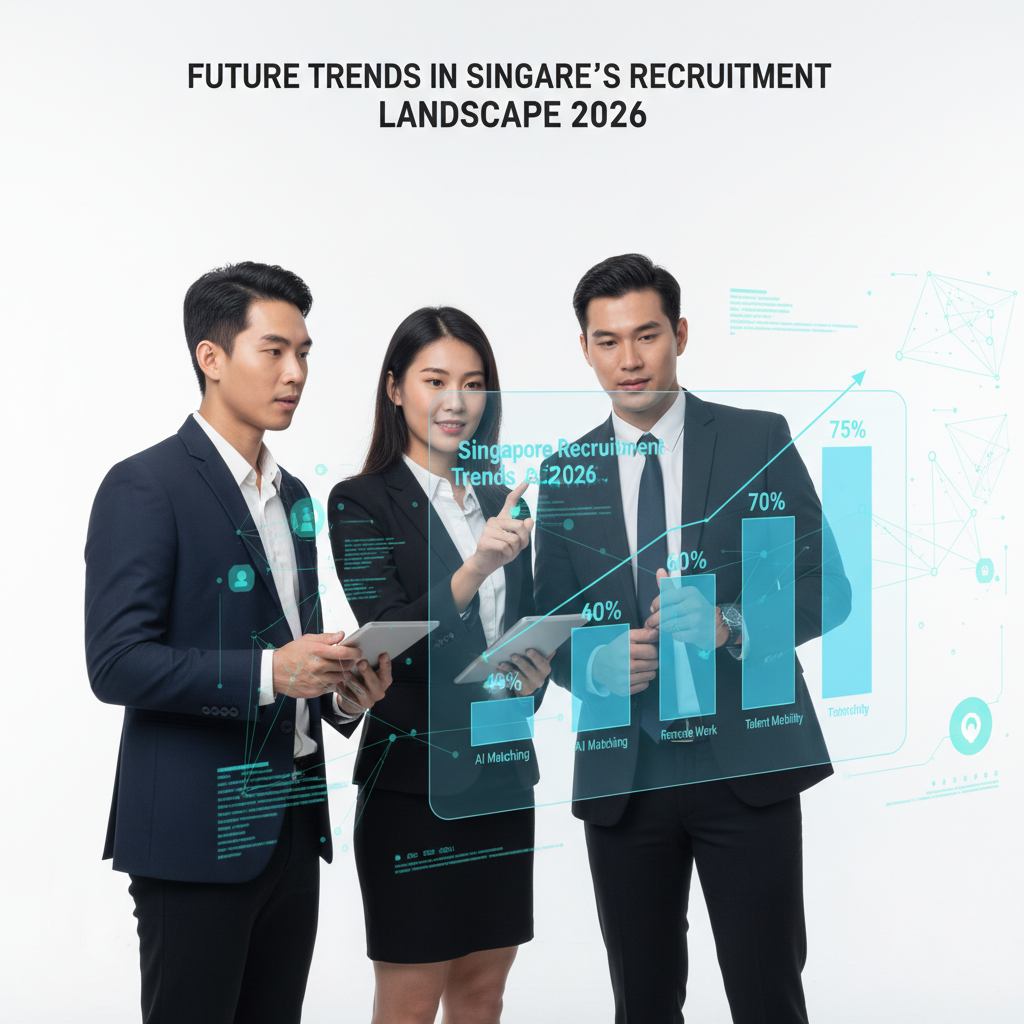 AI-powered recruitment tools analyzing candidate profiles and diverse teams collaborating in a hybrid work environment, illustrating future trends in Singapore's recruitment landscape