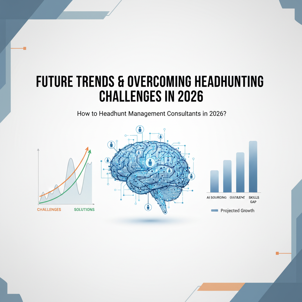 A visual representation of future consulting headhunting trends, showing hybrid work, AI influence, and talent competition.