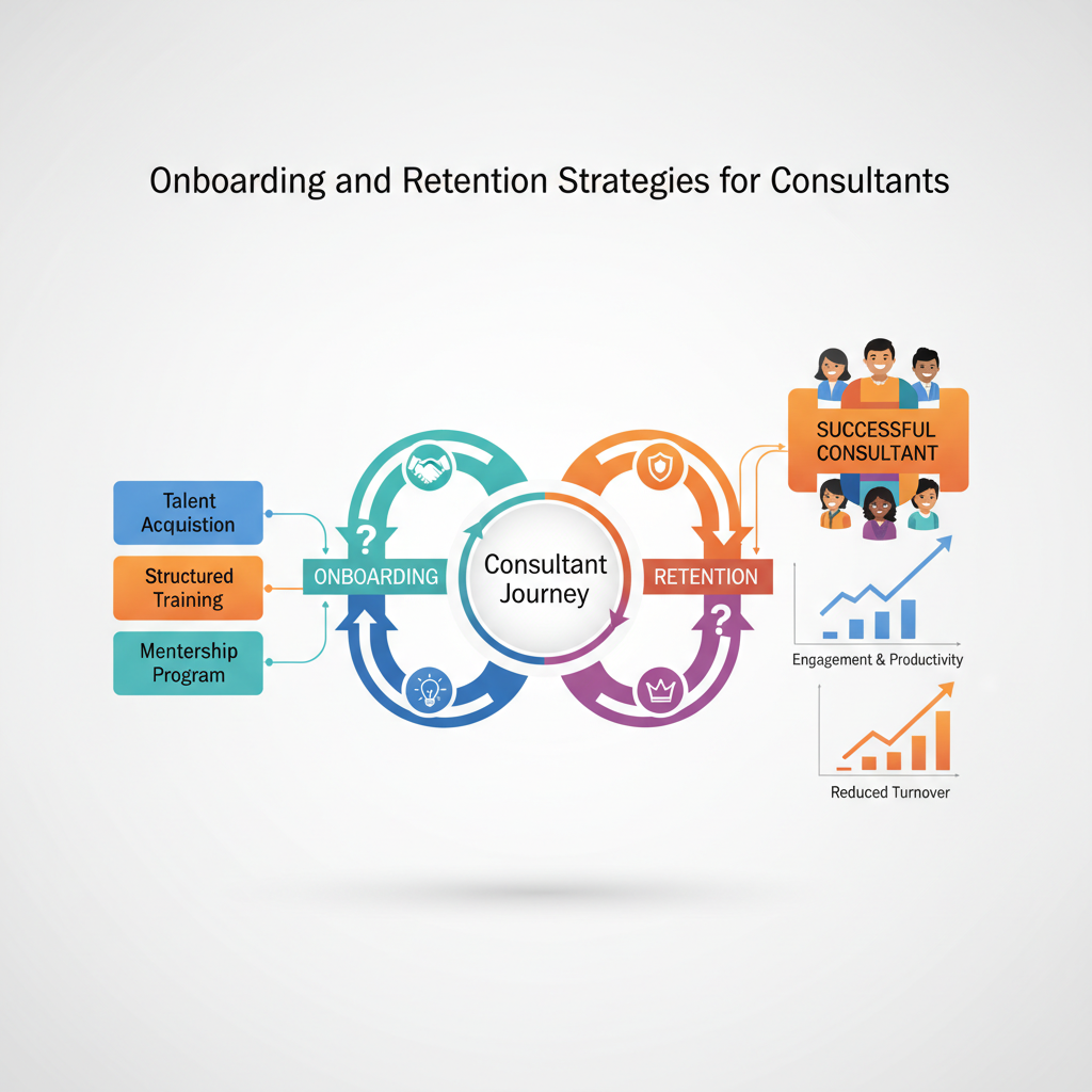 A diverse team of management consultants collaborating on a project, showcasing effective onboarding and teamwork.