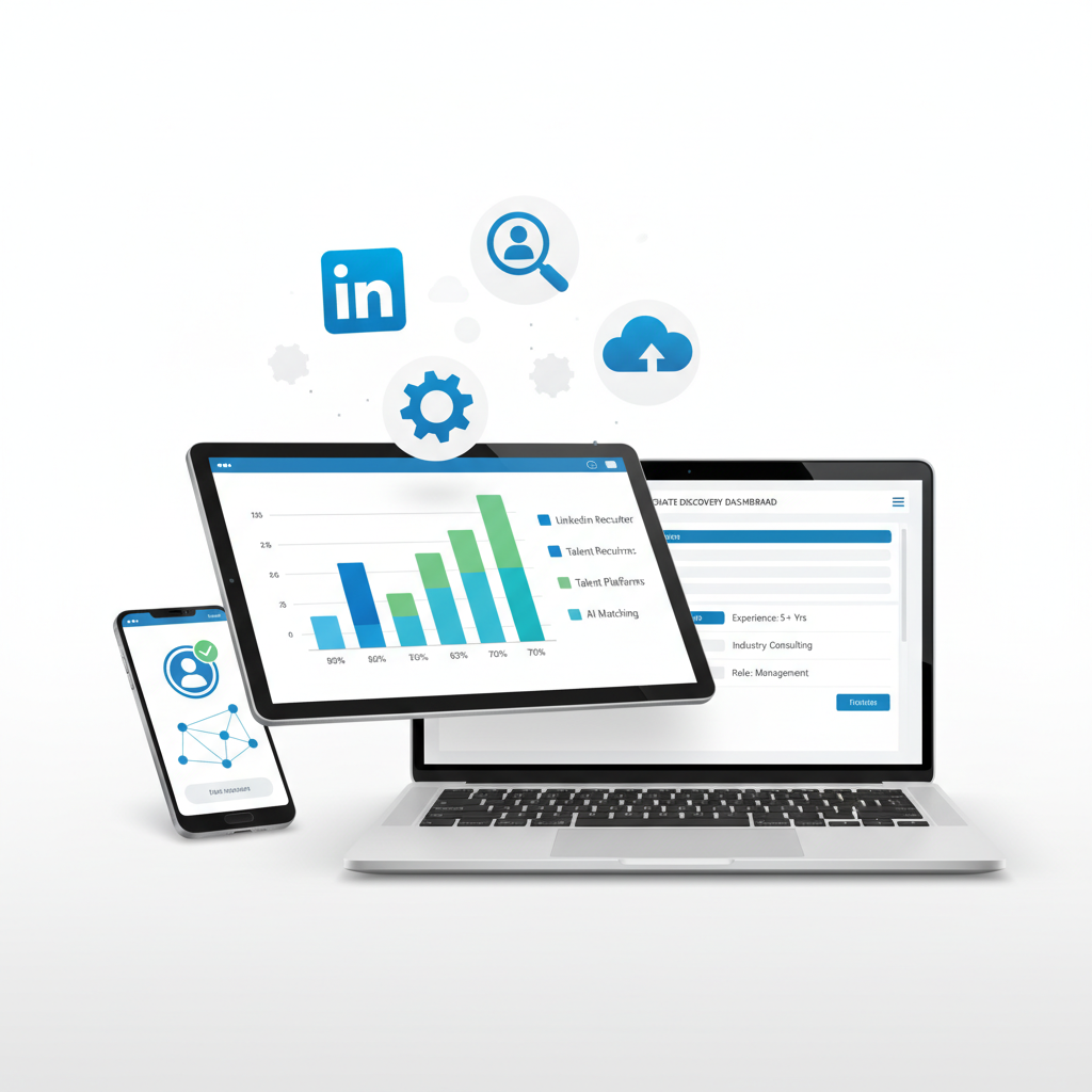 A professional headhunter reviewing candidate profiles on a digital platform, symbolizing the use of advanced tools to identify management consultants.