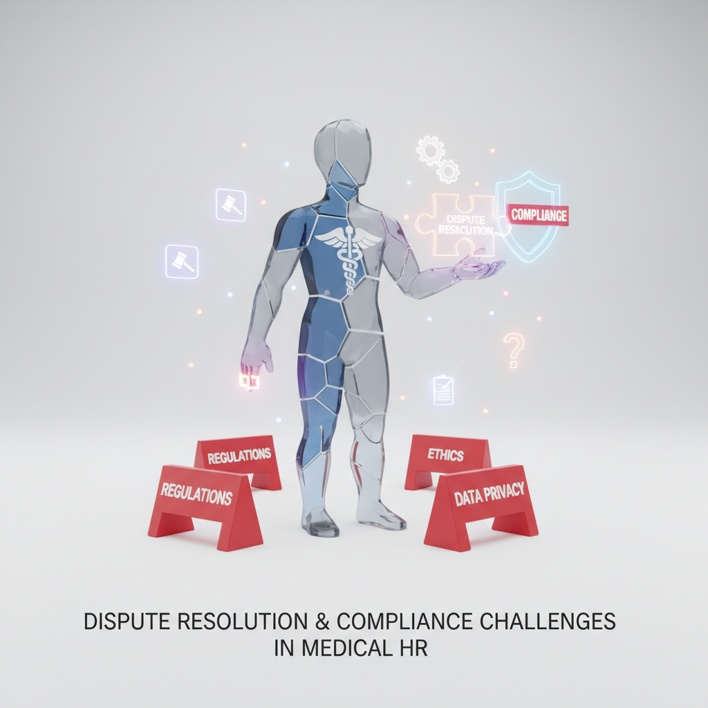 An infographic illustrating the complexities of human resources management, compliance, and dispute resolution in the Vietnamese medical industry.