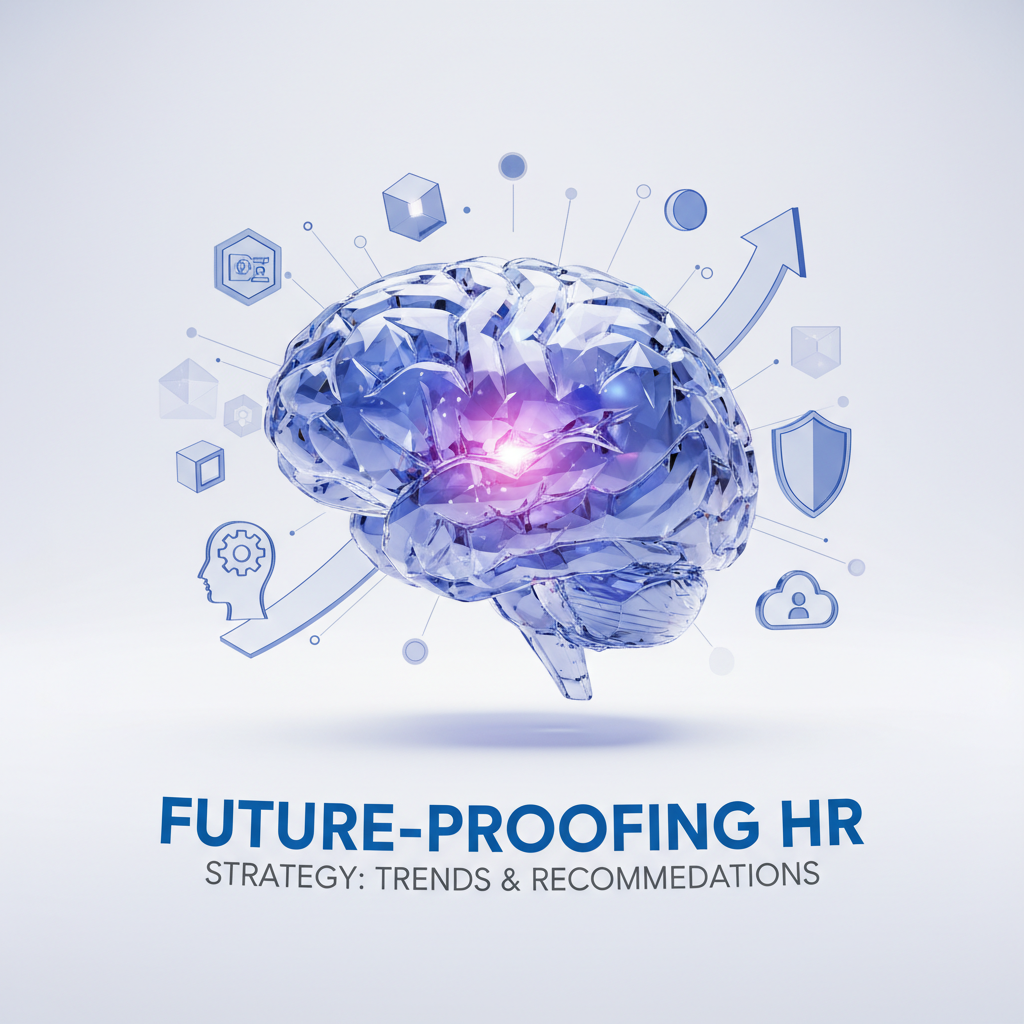 HR professionals using AI for future-proof strategy, analyzing data, and collaborating on digital platforms.